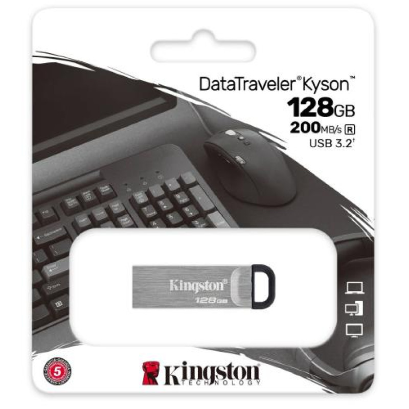 Флеш накопичувач USB 128Gb Kingston DataTraveler Kyson, Silver, USB 3.2 Gen 1, до 200/60 МБ/с (DTKN/128GB)