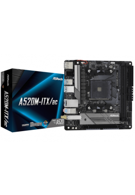 Мат.плата AM4 (A520) ASRock A520M-ITX/ac, A520, 2xDDR4, Int.Video(CPU), 4xSATA3, 1xM.2, 1xPCI-E 16x 3.0, 1xM.2 (Key E), ALC887, RTL8111H, WiFi ac, Bluetooth 4.2, 6xUSB3.2/4xUSB2.0, HDMI/DP, Mini-ITX