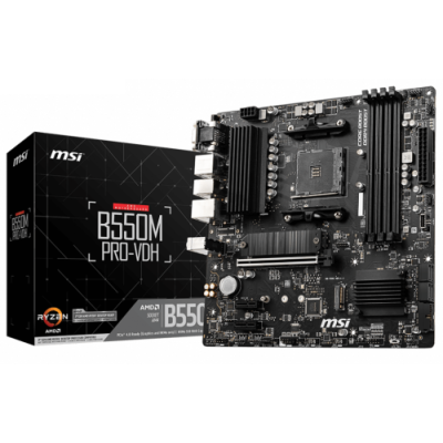 Мат.плата AM4 (B550) MSI B550M PRO-VDH, B550, 4xDDR4, Int.Video(CPU), 4xSATA3, 2xM.2, 1xPCI-E 16x 4.0, 2xPCI-E 1x 3.0, ALC892, RTL8111HN, 7xUSB3.2/6xUSB2.0, VGA/HDMI/DP, MicroATX