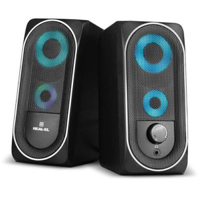 Колонки 2.0 REAL-EL S-110 Black, 2 x 3 Вт, LED підсвічування, пластиковий корпус, живлення від USB, керування спереду