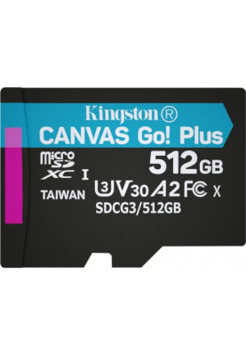 Карта пам'яті microSDXC, 512Gb, Kingston Canvas Go! Plus, Class 10 UHS-I U3 V30 A2, без адаптера, до 170/90 МБ/с (SDCG3/512GBSP)