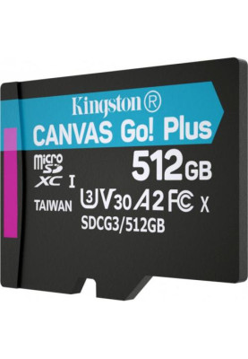 Карта пам'яті microSDXC, 512Gb, Kingston Canvas Go! Plus, Class 10 UHS-I U3 V30 A2, без адаптера, до 170/90 МБ/с (SDCG3/512GBSP)