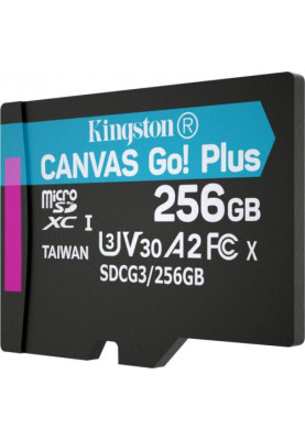 Карта пам'яті microSDXC, 256Gb, Kingston Canvas Go! Plus, Class 10 UHS-I U3 V30 A2, без адаптера, до 170/90 МБ/с (SDCG3/256GBSP)