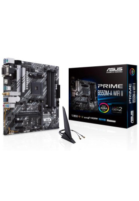 Мат.плата AM4 (B550) Asus PRIME B550M-A WIFI II, B550, 4xDDR4, Int.Video(CPU), 4xSATA3, 2xM.2, 1xPCI-E 16x 4.0, 2xPCI-E 1x 3.0, ALC887, RTL8111H, WiFi 6, Bluetooth 5.2, 7xUSB3.2/2xUSB2.0, VGA/DVI-D/HDMI, MicroATX