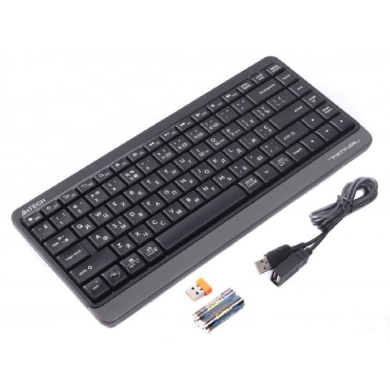 Клавіатура бездротова A4Tech FBK11 "Fstyler", Black/Grey, Bluetooth / USB 2.4GHz, компактний розмір, 12 мультимедійних кнопок, захист від бризок, до 4-х пристроїв, 2xAAA, UA/RU/US