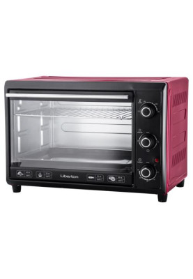 Електродуховка Liberton LEO-400 Red, 2000W, 40 л, поворотні перемикачі, індикатор роботи, таймер, 3 режими нагрівання, термостат 250 град, комплектація решітка, деко, тримач для деко