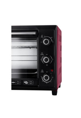 Електродуховка Liberton LEO-400 Red, 2000W, 40 л, поворотні перемикачі, індикатор роботи, таймер, 3 режими нагрівання, термостат 250 град, комплектація решітка, деко, тримач для деко