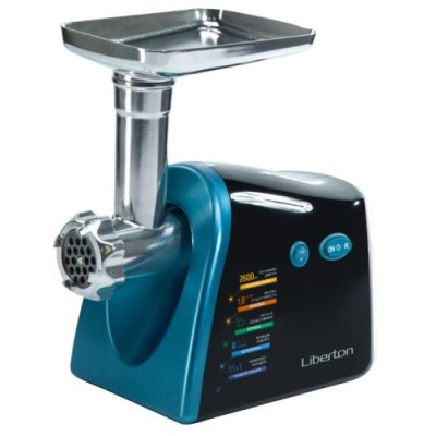 М'ясорубка Liberton LMG-26BST, Black/Blue, 2600W, продуктивність 1.8 кг/хв, барабани для терки та шатківниці, диски для подрібнення 3 мм/5 мм/7 мм, соковитискач для томатів, насадка для ковбасок/«кеббе», реверс
