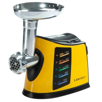 М'ясорубка Liberton LMG-28BST, Yellow, 2800W, продуктивність 1.9 кг/хв, 3 диски з отворами 3/5/7мм, барабани для терки та шатківниці, насадка для томатів/ковбасок/кеббе, реверс