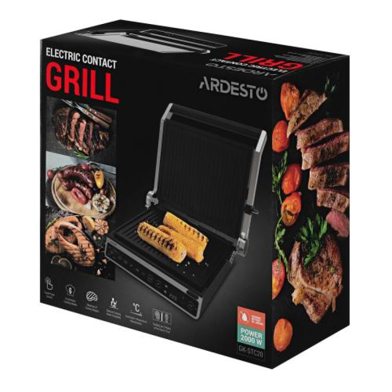Електрогриль Ardesto GK-STC20, Black/Silver, 2000W, сенсорне керування, регулювання ступеню прожарювання, знімні пластини