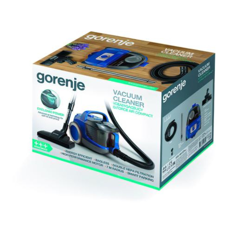 Пилосос Gorenje VCEA01GACBUCY, Blue, 800W, безмішковий, сухе прибирання, об'єм 2.2л, телескопічна трубка, насадки: міні насадка 2шт, універсальна щітка, подвійний HEPA фільтр