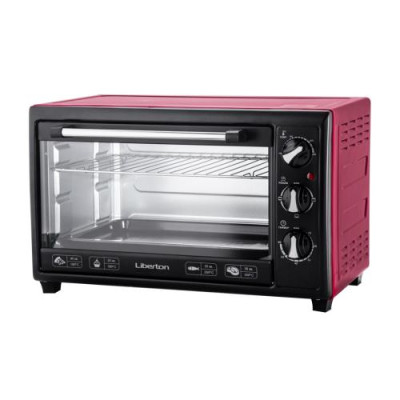 Електродуховка Liberton LEO-350 Red, 1800W, 35 л, металевий корпус, поворотні перемикачі, індикатор роботи, таймер, 3 режими нагрівання, термостат 250 град, комплектація решітка, деко, тримач для деко