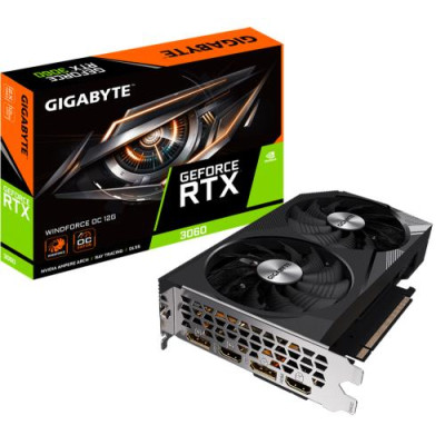 Відеокарта GeForce RTX 3060, Gigabyte, WINDFORCE OC, 12Gb GDDR6, 192-bit, 2xHDMI/2xDP, 1792/15000 MHz, 8-pin (GV-N3060WF2OC-12GD)