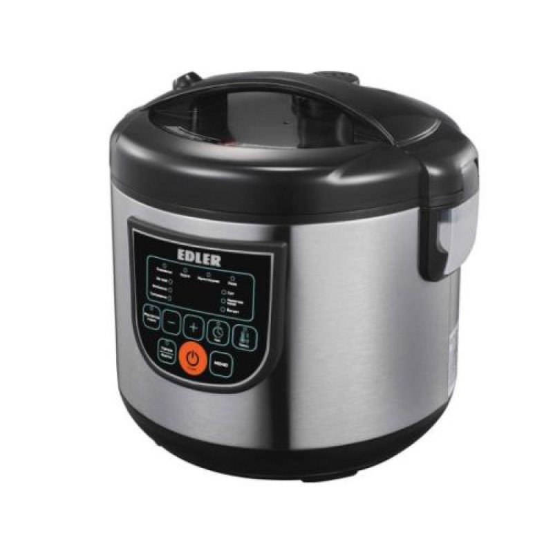 Мультиварка Edler EDMC-2005 Black, 860 Вт, 5 л, 12 програм, світлодиодний дисплей, відкладений старт, мірний стакан, ложка для рису, лоток для приготування на пару, механічне керування