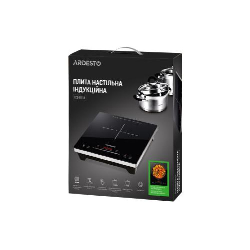Настільна плита Ardesto ICS-B118, Black, 1800W, індукційна, сенсорне керування, 1 конфорка, загартоване скло, дисплей, таймер, 31x7x60 см