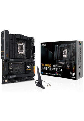 Материнська плата LGA1700, Asus TUF GAMING B760-PLUS WIFI D4, B760, 4xDDR4, Int.Video(CPU), 4xSATA3, 3xM.2, 1xPCI-E 16x 5.0, 1xPCI-E 16x 3.0, 2xPCI-E 1x 3.0, Realtek 7.1, Realtek 2.5Gb, WiFi 6, Bluetooth 5.2, 7xUSB3.2/3xUSB2.0, HDMI/DP, ATX