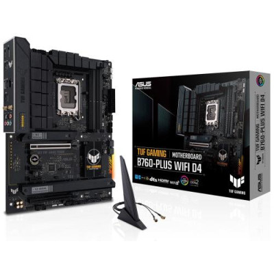Материнська плата LGA1700, Asus TUF GAMING B760-PLUS WIFI D4, B760, 4xDDR4, Int.Video(CPU), 4xSATA3, 3xM.2, 1xPCI-E 16x 5.0, 1xPCI-E 16x 3.0, 2xPCI-E 1x 3.0, Realtek 7.1, Realtek 2.5Gb, WiFi 6, Bluetooth 5.2, 7xUSB3.2/3xUSB2.0, HDMI/DP, ATX
