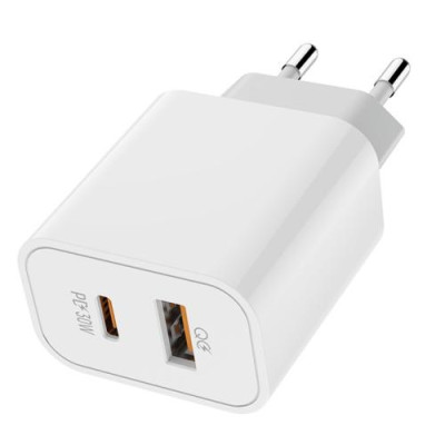 Мережевий зарядний пристрій ColorWay, White, 30 Вт, USB / USB Type-C, Quick Charge 3.0, Power Delivery, USB Auto ID (CW-CHS037PD-WT)