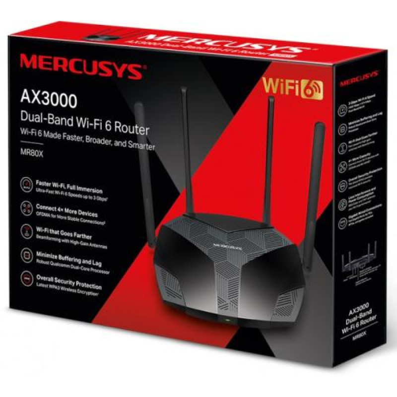 Роутер Mercusys MR80X Wi-Fi 802.11ax, 2976Mb, 3 LAN 10/100/1000Mb, Wi-Fi 6