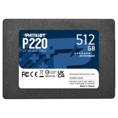 Твердотільний накопичувач SSD 512Gb, Patriot P220, SATA3, 2.5", 3D TLC, 550/500 МБ/с (P220S512G25)