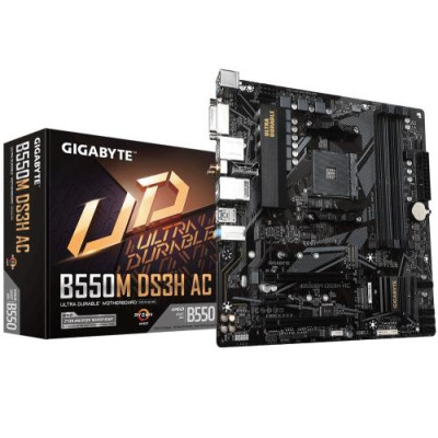 Мат.плата AM4 (B550) Gigabyte B550M DS3H AC, B550, 4xDDR4, Int.Video(CPU), 4xSATA3, 2xM.2, 1xPCI-E 16x 4.0, 1xPCI-E 16x 3.8, 1. GLan, WiFi ac, Bluetooth 4.2, 6xUSB3.2/6xUSB2.0, DVI-D/HDMI/DP, MicroATX