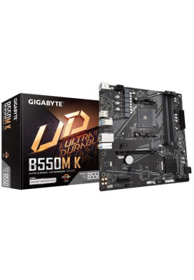 Мат.плата AM4 (B550) Gigabyte B550M K, B550, 4xDDR4, Int.Video(CPU), 4xSATA3, 2xM.2, 1xPCI-E 16x 4.0, 1xPCI-E 1x 3.0, ALC887, RTL8118AS, 6xUSB3.2/6xUSB2.0, HDMI/DP, MicroATX