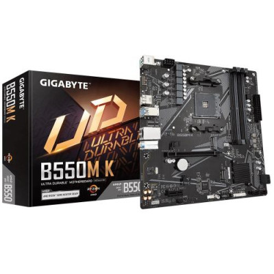 Мат.плата AM4 (B550) Gigabyte B550M K, B550, 4xDDR4, Int.Video(CPU), 4xSATA3, 2xM.2, 1xPCI-E 16x 4.0, 1xPCI-E 1x 3.0, ALC887, 6xUSB3.2/6xUSB2.0, HDMI/DP, MicroATX