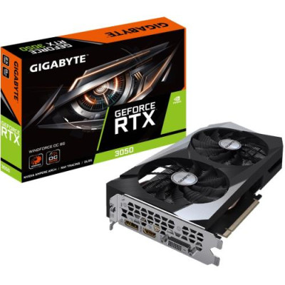 Відеокарта GeForce RTX 3050, Gigabyte, WINDFORCE OC, 8Gb GDDR6, 128-bit, DVI-D/HDMI/DP, 1792/14000 MHz, 8-pin (GV-N3050WF2OC-8GD)
