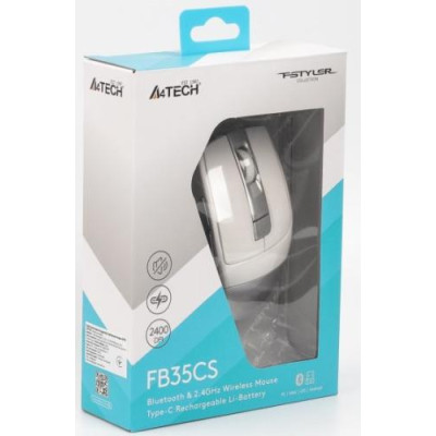 Миша A4Tech Fstyler FB35CS, Icy White, USB, бездротова безшумна, оптична, BT+RF (Combo), 1200/1600/2000/2400 dpi, 125 Hz, 6 кнопок, вбудований Li акумулятор