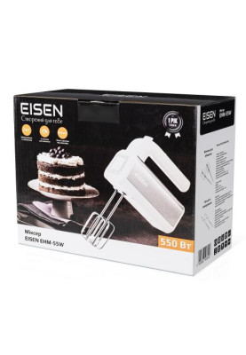 Міксер Eisen EHM-55W, White, 550W, ручний, 5 швидкостей, вінчики, гаки для замісу тіста, захист від перегріву