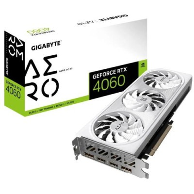 Відеокарта GeForce RTX 4060, Gigabyte, AERO OC, 8Gb GDDR6, 128-bit, 2xHDMI/2xDP, 2550/17000 MHz, 8-pin (GV-N4060AERO OC-8GD)