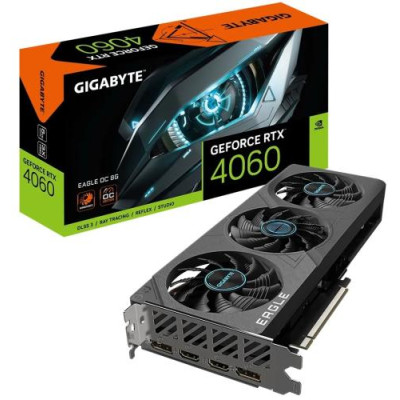 Відеокарта GeForce RTX 4060, Gigabyte, EAGLE OC, 8Gb GDDR6, 128-bit, 2xHDMI/2xDP, 2505/17000 MHz, 8-pin (GV-N4060EAGLE OC-8GD)