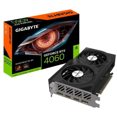 Відеокарта GeForce RTX 4060, Gigabyte, WINDFORCE OC, 8Gb GDDR6, 128-bit, 2xHDMI/2xDP, 2475/17000 MHz, 8-pin (GV-N4060WF2OC-8GD)
