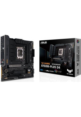 Материнська плата LGA1700, Asus TUF GAMING B760M-PLUS, B760, 4xDDR5, Int.Video(CPU), 4xSATA3, 2xM.2, 1xPCI-E 16x 5.0, 1xPCI-E 16x 4.0, 1xPCI-E 1x 4.0, Realtek 7.1, Realtek 2.5Gb, 8xUSB3.2/4xUSB2.0, HDMI/DP, MicroATX