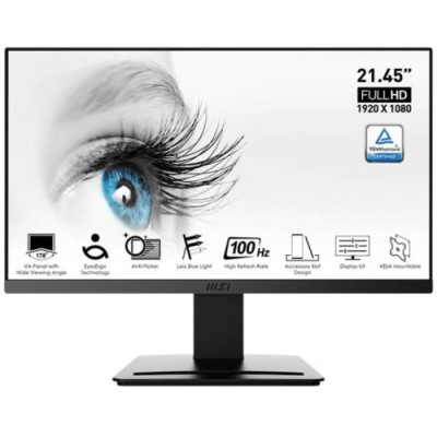 Монітор 21.45" MSI PRO MP223, Black, WLED, VA, 1920x1080 (16:9), 1 мс, 100 Гц, 250 кд/м², 3000:1, 178°/178°, VGA/HDMI, VESA 75x75 мм, Adaptive Sync