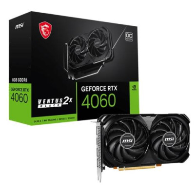 Відеокарта GeForce RTX 4060, MSI, VENTUS 2X BLACK OC, 8Gb GDDR6, 128-bit, HDMI/3xDP, 2490/17000 MHz, 8-pin (RTX 4060 VENTUS 2X BLACK 8G OC)