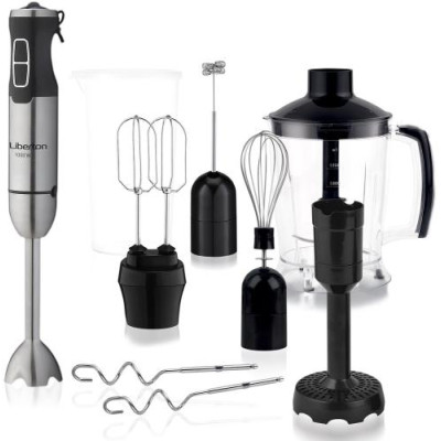 Блендер Liberton LHB-0307 Black, 1000W, занурювальний, плавне регулювання швидкості + Турбо, аксесуари: вінчик для збивання, мірний стакан (600мл), чаша подрібнювача (1250мл), насадка-міксер, гак для тіста, насадка для пюре, спінювач для молока