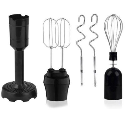 Блендер Liberton LHB-0306 Black, 1000W, занурювальний, плавне регулювання швидкості + Турбо, аксесуари: вінчик для збивання, мірний стакан (600мл), чаша подрібнювача (500мл), насадка-міксер, гак для тіста, насадка для пюре