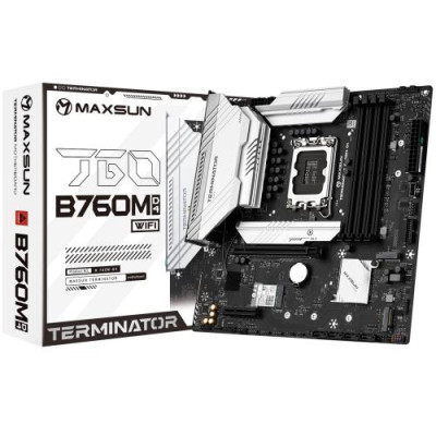 Мат.плата LGA1700, Maxsun Terminator B760M D4 WIFI, B760, 4xDDR4, Int.Video(CPU), 4xSATA3, 3xM.2 4.0, 1xPCI-E 5.0 x16, 1xPCI-E 3.0 x16, ALC897, RTL8125BG, WiFi 6, Bluetooth 5.2, 4xUSB3.2/8xUSB2.0, HDMI/DP, 3xARGB (2x5V, 1x12V), MicroATX