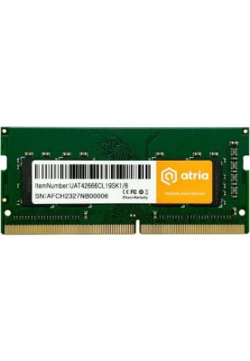 Пам'ять SO-DIMM, DDR4, 8Gb, 2666 MHz, Atria, 1.2V, CL19 (UAT42666CL19SK1/8)