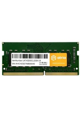 Пам'ять SO-DIMM, DDR4, 8Gb, 3200 MHz, Atria, 1.2V, CL22 (UAT43200CL22SK1/8)