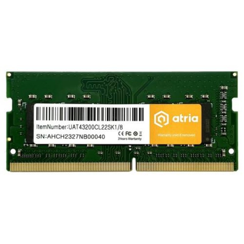 Пам'ять SO-DIMM, DDR4, 8Gb, 3200 MHz, Atria, 1.2V, CL22 (UAT43200CL22SK1/8)