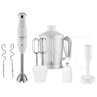 Блендер Liberton LHB-0305 White, 800W, занурювальний, плавне регулювання швидкості, аксесуари: вінчик для збивання, мірний стакан (600мл), чаша подрібнювача (1250мл), насадка-міксер із двома вінчиками, гаки для замішування тіста, насадка для пюре