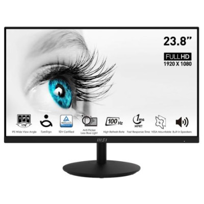 Монітор 23.8" MSI PRO MP242A, Black, WLED, IPS, 1920x1080 (16:9), 1 мс, 100 Гц, 300 кд/м², 1000:1, 178°/178°, VGA/HDMI/DP, 2х2 Вт, VESA 100x100 мм, Adaptive Sync