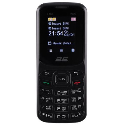 Мобільний телефон 2E E180 2023, Black, Dual Sim (Mini-SIM), 2G, 1.77'' (TN, 128x160, 64000 кольорів), 32Mb, microSD (до 16Gb), 0.3 Mp, FM-радіо, Bluetooth, microUSB, 1000 mAh Li-Ion, 82 г (688130251044)