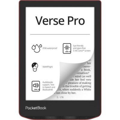 Електронна книга 6" PocketBook Verse Pro, Passion Red, WiFi, 1448x1072 (E Ink Carta), 512Mb / 16Gb, сенсорний екран, 16 градацій сірого, 300 DPI, підсвічування екрану SMARTlight, 1500 mAh, Type-C, IPx8 (PB634-3-CIS)