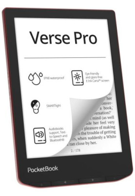 Електронна книга 6" PocketBook Verse Pro, Passion Red, WiFi, 1448x1072 (E Ink Carta), 512Mb / 16Gb, сенсорний екран, 16 градацій сірого, 300 DPI, підсвічування екрану SMARTlight, 1500 mAh, Type-C, IPx8 (PB634-3-CIS)