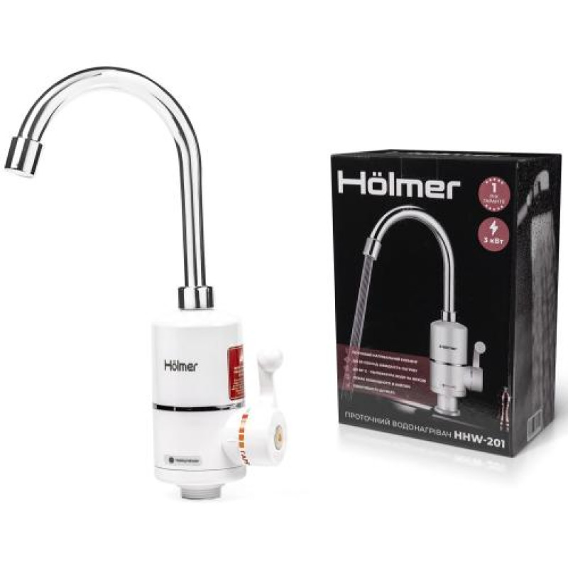Водонагрівач проточний Holmer HHW-202L, White, 3000W, механічне керування, IPX4, LED дисплей, захист від включення без води, захист від перегріву