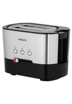 Тостер Ardesto T-K210, Steel/Black, 1000W, 2 тости, 2 відділення, 10 режимів підсмажування, автоцентрування, кнопка скасування приготування, підігрів, підсвічення кнопок управління, функція додаткового підйому