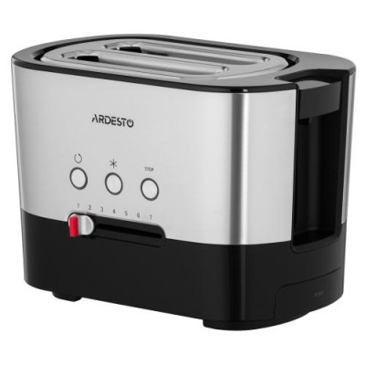 Тостер Ardesto T-K210, Steel/Black, 1000W, 2 тости, 2 відділення, 10 режимів підсмажування, автоцентрування, кнопка скасування приготування, підігрів, підсвічення кнопок управління, функція додаткового підйому